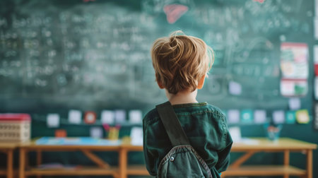 Back view of unrecognizable adorable child drawing at school during class in a writing green board. Child studying at schoolの素材