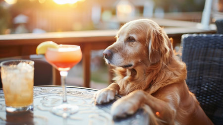 cool drunk dog cheering a toast with cocktail drink, looking up to the ownerの素材
