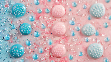 Elegant colors with ceremonial bokeh lights on splashed background with water drops. Flow Dynamic Design. Pastel Water Light New year Winter Design. Holiday or celebration energy soft colorsの素材