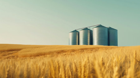 Modern grain silos in a wheat field under clear sky. Agricultural storage and farming conceptの素材