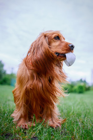 Happy English Cocker Spaniel dog portrait with ball. Spaniel playing with a ball on the grass