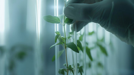 Scientist used biotechnology, ai technology, and dna plant in tube of scientific lab for medical research and Plant genetics development in Food industry. science chemistry in laboratoryの素材