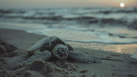 Dead turtle on the beach- Preserve the environment, protect marines animal- Pollution problemの素材