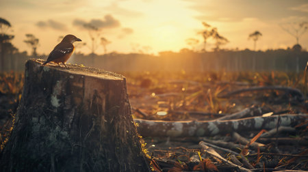 Bird on a tree stump in a deforested Amazon rainforest, highlighting the impact of habitat loss and deforestation on wildlife. Environmental awareness and nature conservationの素材