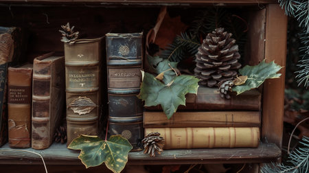 Bookshelf Still Life: Dark Wooden Shelves Adorned with Leaves and Vintage Booksの素材