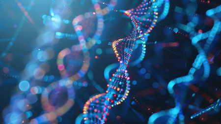 DNA strand and binary coding, scientific data processing image. Biotechnology, genetics, DNA sequencing, bioinformatics, digital data, scientific researchの素材