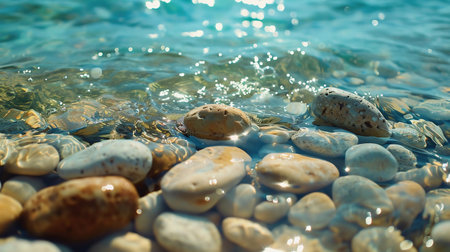 Smooth Stones Under Shallow Wave, Bright Sunlight and Clear Blue Waterの素材