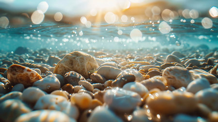 Smooth Stones Under Shallow Wave, Bright Sunlight and Clear Blue Waterの素材