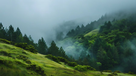 Rainy Hillside with Lush Green Vegetation and Fogの素材