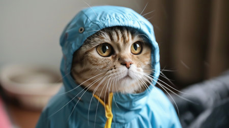cat, disguised in a blue raincoat on a soft background. Cat in a raincoat feeling sadの素材