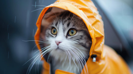 cat, disguised in a yellow raincoat on a soft background. Cat in a raincoat feeling sadの素材