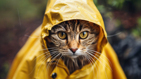 cat, disguised in a yellow raincoat on a soft background. Cat in a raincoat feeling sadの素材