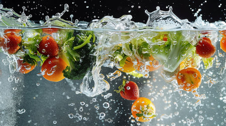 fresh multi fruits splashing into blue clear water splash healthy food diet freshness concept. Frozen Food Ingredients Suspended in Water Splashの素材