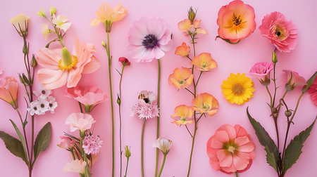 Plant background. Pastel Floral Flat Lay with Pressed Flowersの素材