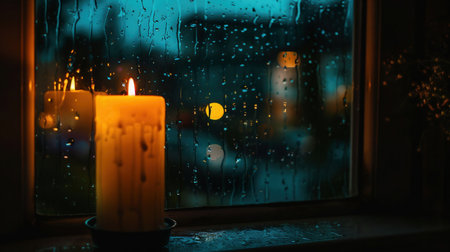 burning candle against rain drops texture on glass window, abstract dark background. rainy weather day. melancholic cozy mood. Relax, harmony, meditation atmosphere image. Candlelight Reflecting in Rainy Window at Nightの素材