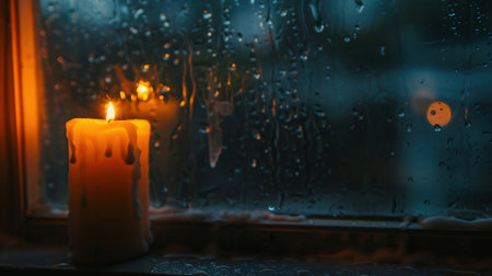 burning candle against rain drops texture on glass window, abstract dark background. rainy weather day. melancholic cozy mood. Relax, harmony, meditation atmosphere image. Candlelight Reflecting in Rainy Window at Nightの素材