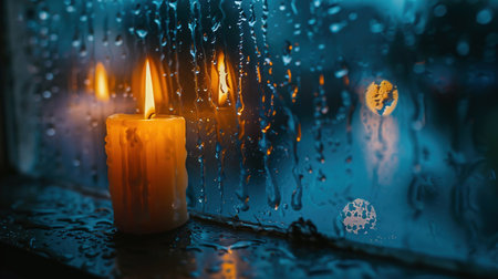 burning candle against rain drops texture on glass window, abstract dark background. rainy weather day. melancholic cozy mood. Relax, harmony, meditation atmosphere image. Candlelight Reflecting in Rainy Window at Nightの素材
