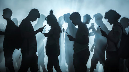 People holding smart phone and looking to it. silhouettes of people with phone addictedの素材