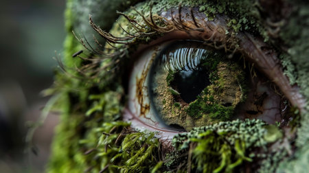 A Closed-Up Shot of Human Eyes. Surreal Close Up of a Decaying Eye Overgrown with Mossの素材