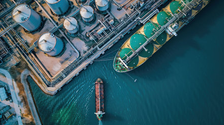 Aerial View of Oil Refinery with Storage Tanks and Docked Tanker. Captures global energy logisticsの素材