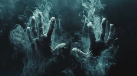 Ghostly Hands Emerging from Darkness. Halloween background.の素材