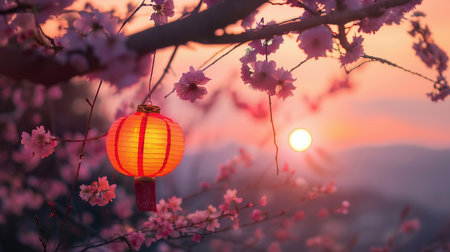 Illuminated Chinese Lantern Hanging from Cherry Blossom Branch at Sunsetの素材