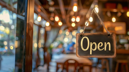 Open on cafe or restaurant hang on door at entrance. Small food shop businessの素材