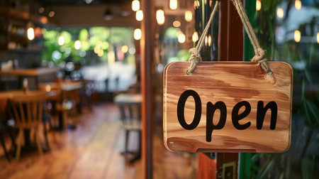 Open on cafe or restaurant hang on door at entrance. Small food shop businessの素材