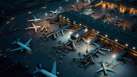 Aerial View of a 3D Commercial Airport Render with Airplanes, Passenger Terminals, Runway and Service Machinery. Top Down Panning View of Modern VFX Aircrafts Moving International Port During Nightの素材