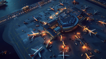 Aerial View of a 3D Commercial Airport Render with Airplanes, Passenger Terminals, Runway and Service Machinery. Top Down Panning View of Modern VFX Aircrafts Moving International Port During Nightの素材