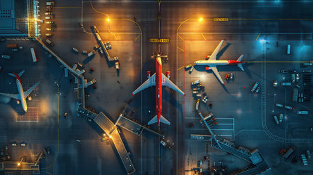 Aerial View of a 3D Commercial Airport Render with Airplanes, Passenger Terminals, Runway and Service Machinery. Top Down Panning View of Modern VFX Aircrafts Moving International Port During Nightの素材