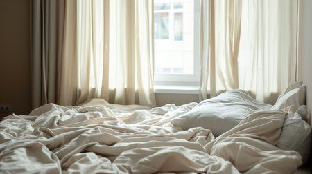 Unmade bed with white sheets and pillows in a modern bedroom. Contemporary clean bedroom interior with unmade bedの素材