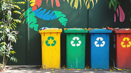 Colorful Recycling Bins in Urban Settingの素材