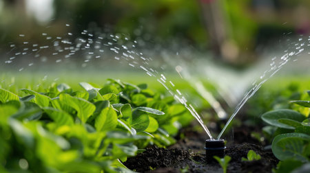 Garden irrigation system lawn. Automatic lawn sprinkler watering green grass. Automatic watering in the greenhouseの素材