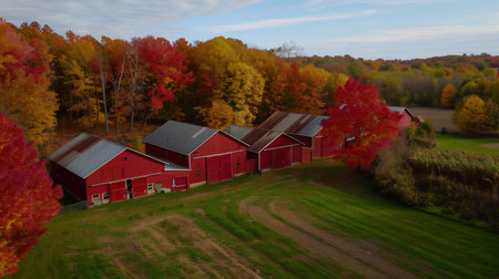 Drone aerial view of a small village on a plain full of cultivated fields. Sweeping drone shots of agricultural buildings in full autumn colorの素材