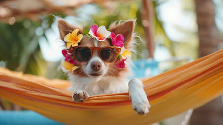 Funny little dog on vacation in a hammock. Funny dog on vacation in sunglasses switch hammock heads and flowersの素材