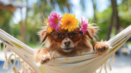Funny little dog on vacation in a hammock. Funny dog on vacation in sunglasses switch hammock heads and flowersの素材