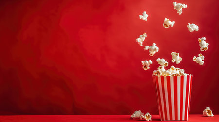 Striped bucket with popcorn against red background, Popcorn red background. Movie popcorn box flying out with red background with copy spaceの素材