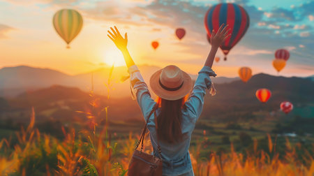 Lifestyle traveler women raise hand feeling good relax and happy freedom and see fire balloon. Lifestyle traveler woman raise hand feeling good relax and happy freedom and see fire balloon on nature tea and space farm in sunrise morning Travel and summer conceptの素材
