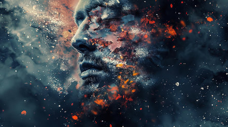 Fashion model man skin face in dye sparklesの素材