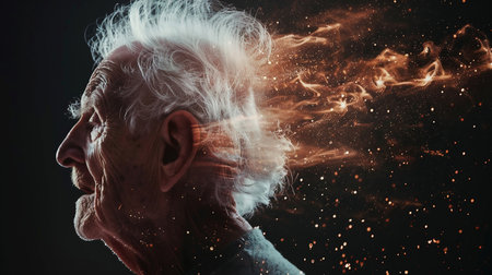 Memory loss due to dementia. Senior man losing parts of head as symbol of decreased mind function. Aging conceptの素材