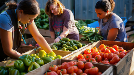 People sell and buy vegetables at the outdoor marketの素材
