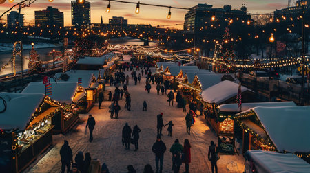 Riverside Holiday Market at Dusk with Glowing String Lights. Christmas street decor.の素材