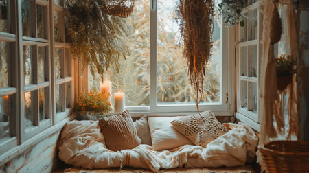 Cozy Rustic Reading Nook with Hanging Dried Herbs and Candlesの素材