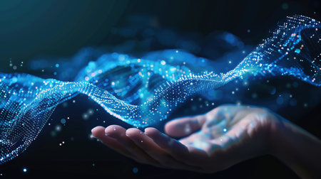 Hologram surfing. Person Presenting a Holographic Blue Data Waveの素材