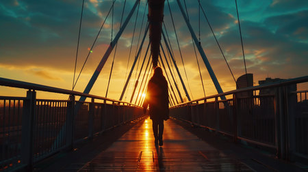 Person Walking on a Constellation Bridge at Sunset/ Tourist Traveler Walking On Bridge.の素材