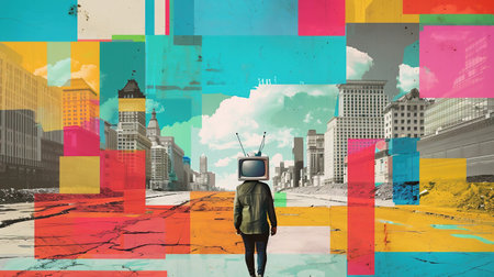 Businessman with monitor head. Mixed media. Person with Television Head Walking Through a Colorful Cityscapeの素材