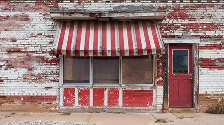 A weathered red-and-white striped awning hangs over a storefront, adding a touch of vintage charm to the urban landscape. Weathered Shop Exterior with Red and White Striped Awningの素材