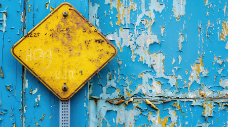 Weathered metal Yellow Street Sign Against Peeling Blue Wallの素材