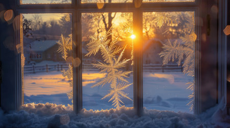 Sunset sky, view through the frozen window glass with hoarfrost drawings, taken in cold weather from inside of the building. Winter Sunrise View Through Frosted Windowの素材
